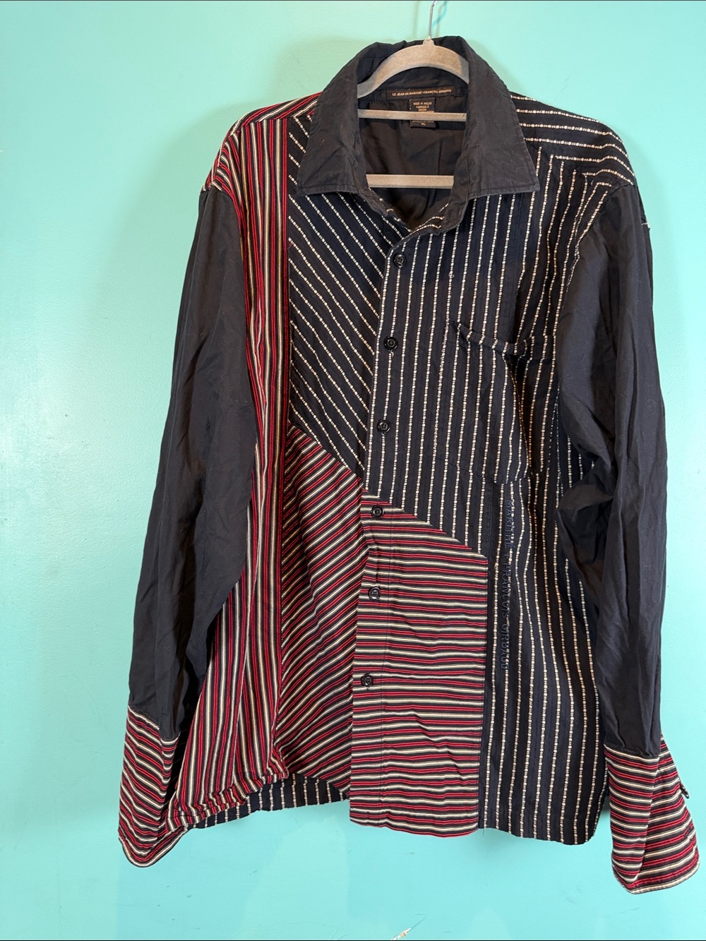 Marithe Francois Girbaud Black Red and White Men Shirt with French Cuffs XL